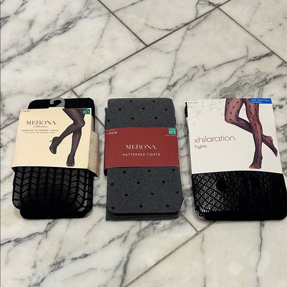 Bundle Merona Black and Gray Patterned Tights 3 pair new never opened or worn